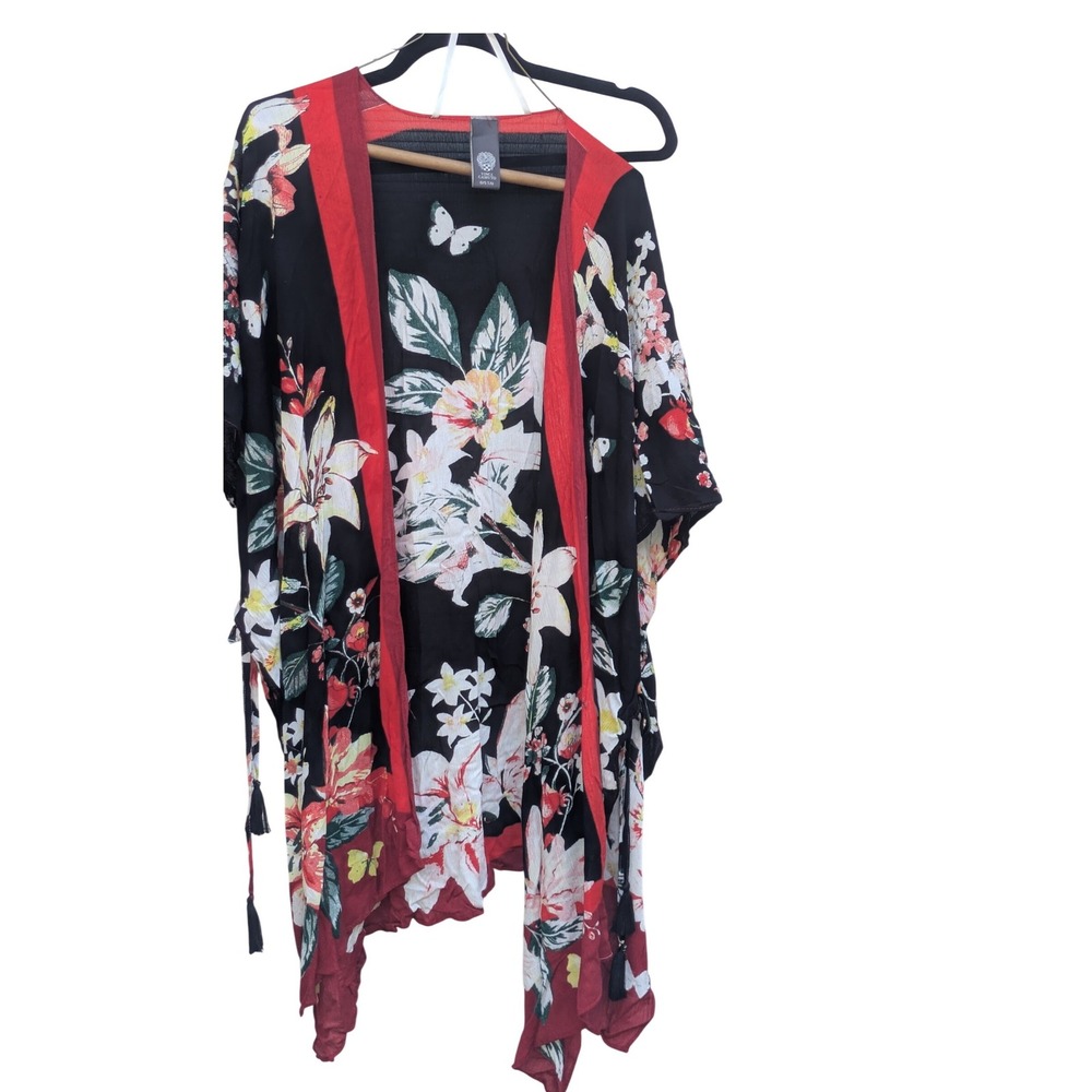 Vince Camuto Floral Kimono Wrap Black Red Butterfly Tassel Coverup One Size - Picture 2 of 6